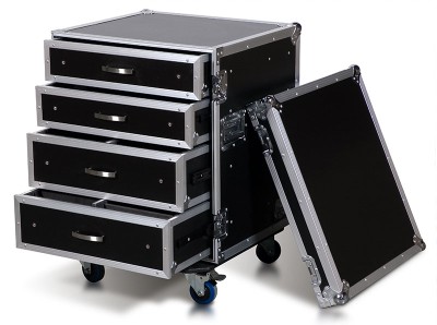 14U rack w/ 4 drawers; 2x4U and 2x3U high w/ caster board