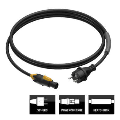 Powercable rubber schuko to powercon true, 3*1.5mm2, 1.5m with clear heatshrink for identification