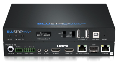 Blustream IP500UHD-TX IP Multicast UHD Video Transceiver over 10Gb Managed Network, HDMI 2.0 4K 60Hz 4:4:4, Bi-directional IR, RS-232 & USB/KVM, PoE+, Ethernet pass-through, Analogue Audio Embedding, Analogue Audio Breakout, and HDCP 2.2