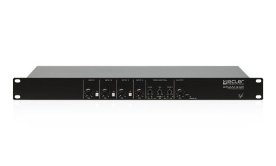 Ecler Installation audio mixer in standard rack format, featuring 3 MIC/LINE ST inputs, 1 LINE ST input, 1 main mix balanced output and one AUX/REC additional output. It includes a 3 band tone control section, Talkover (priority) function assignable