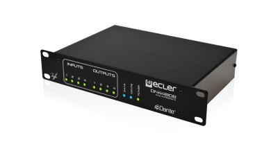 Ecler 4 inputs/4 outputs DANTE (Audio Over IP) Break Out Box. It allows to convert 4 analogue audio signals into 4 DANTE channels and send them into an Ethernet LAN, as well as to take 4 DANTE channels from the Ethernet network and convert them to an