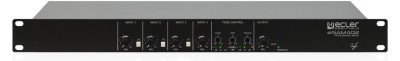Ecler Installation audio mixer in standard rack format, featuring 6 MIC/LINE ST inputs, 1 LINE ST input, 1 main mix balanced output and one AUX/REC additional output. It includes a 3 band tone control section, Talkover (priority) function assignable