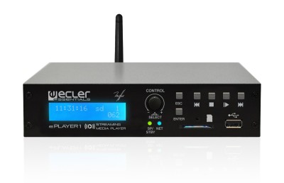 Ecler Compact audio player with a stereo output that can play music contents from local storage media (USB/MicroSD card), Internet streams or digital sharing streams (DLNA and Airplay compatible). It includes Ethernet port, WiFi connection, USB and M