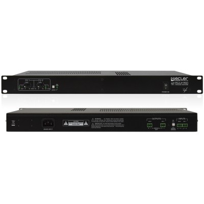Ecler Stereo amplifier with 2 x 150 WRMS @ 70/100V (high impedance) powered outputs. Its noiseless convection cooling, a very high efficiency and its auto stand-by function provide this amplifier with a true green profile. Dimensions 440 x 44(1RU) x