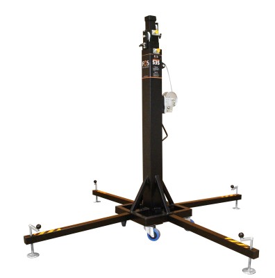 Tower 535, Telescopic lifting tower with 250 kg loading capacity , maximum height 5.35m , unit weight 80kg folded weight 1.74m , automated lock system , transportation wheels , BGV-C1 certified.