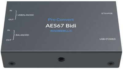 A standalone device that converts analog audio/digital audio to and from IP streams including AES 67 and Icecast. It also supports flexible live audio routing and mixing.