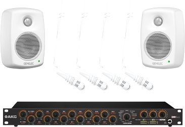 Conference-Set 2 WH - Audio web conference set for up to 10 participants consisting of: 1x AKG DMM14U, 4x AKG CHM99 white and 2x Genelec 4010 AWM (white)