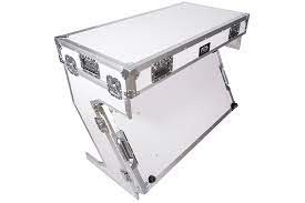 Foldable Z-style DJ table flight case with handles and wheels, rendering it highly portable, simple to set up, and easy to break down for DJs . Its durable construction from white plywood with handles and wheels.