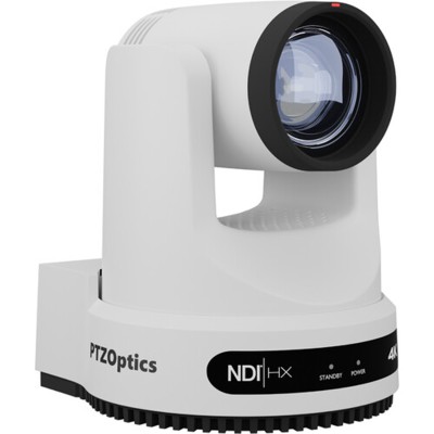 PTZOptics Move 4K, a third generation PTZ camera, featuring 12X Optical Zoom, 4K Resolution at 60fps and a 72.5 HFOV in White. Supports simultaneous IP Video (NDI|HX3, SRT, RTMPS, RTSP), USB2.0 and 3G-SDI or HDMI2.0 as outputs with Auto-Tracking capa