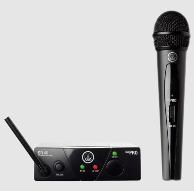 Wireless system for voice and speech, HT40 mini handheld transmitter, SR40 mini receiver, non-diversity, 30 hours operating time with one AA battery, balanced 6.35 mm jack output, switching power supply
