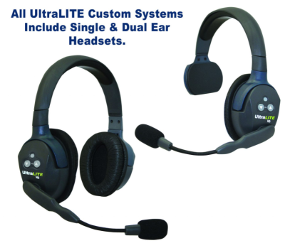 UltraLITE 3 person system w/ 1 Single 2 Double Headsets, batteries, charger