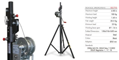 TELESCOPIC LIFTING TOWER. MAXIMUM HEIGHT: 4.00 m / MAXIMUM LOAD: 100 kg / FOLDED