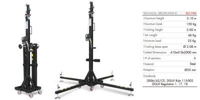 TELESCOPIC LIFTING TOWER. MAXIMUM HEIGHT: 5.10 m / MAXIMUM LOAD: 150 kg / FOLDED