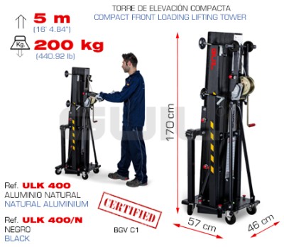 LIFTING TOWER. MAXIMUM HEIGHT: 5 m / MAXIMUM LOAD: 200 kg / FOLDED HEIGHT: 1,70