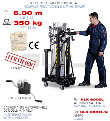 LIFTING TOWER. MAX.HEIGHT: 6 m / MAX.LOAD: 350 kg / FOLDED HEIGHT: 1,63 m. BLACK