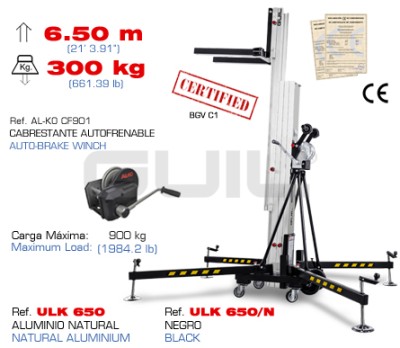 LIFTING TOWER. MAXIMUM HEIGHT: 6.50 m / MAXIMUM LOAD: 300 kg / FOLDED HEIGHT: 1,