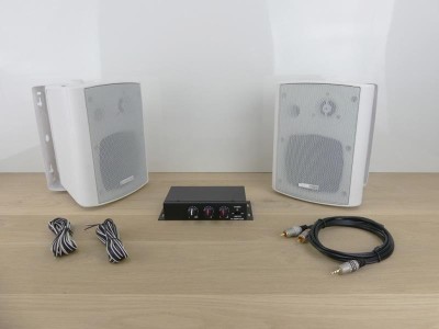 2 muur/plafond speakers (wit) en mini-versterker 2x30W