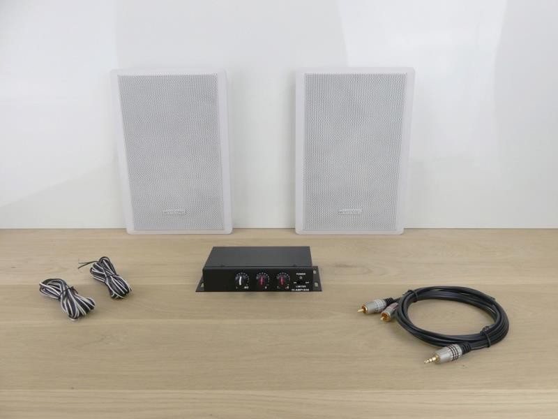 Verbeelding werper Voetganger 2 platte 40W muur speakers (wit) en mini-versterker 2x40W - Bekafun