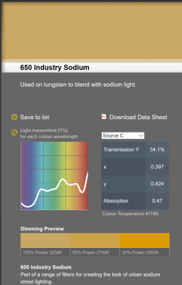 LEE filter vel/sheet 1,22m * 0,53m nr 650 industry sodium