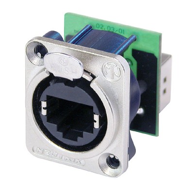 RJ45 feedthrough receptacle, D-shape metal flange with the latch lock
