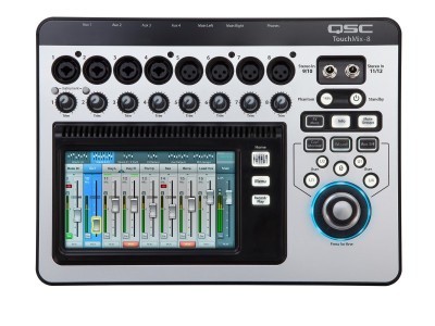 Touch-screen digital audio mixer with 8 mic/line inputs, 2 stereo inputs, 4 fx