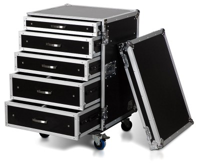 16U rack w/ 5 drawers; 2x4U, 2x3U, and 1x2U high w/ caster board