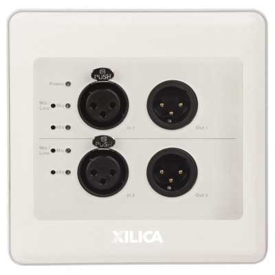 2x2 Dante/Analog I/O interface with XLR connectors, 2-gang size wall plate in wh